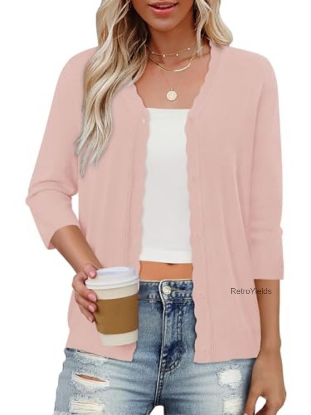 Women's Lightweight 3/4 Sleeve V Neck Crochet Cardigan Sweater S-2XL